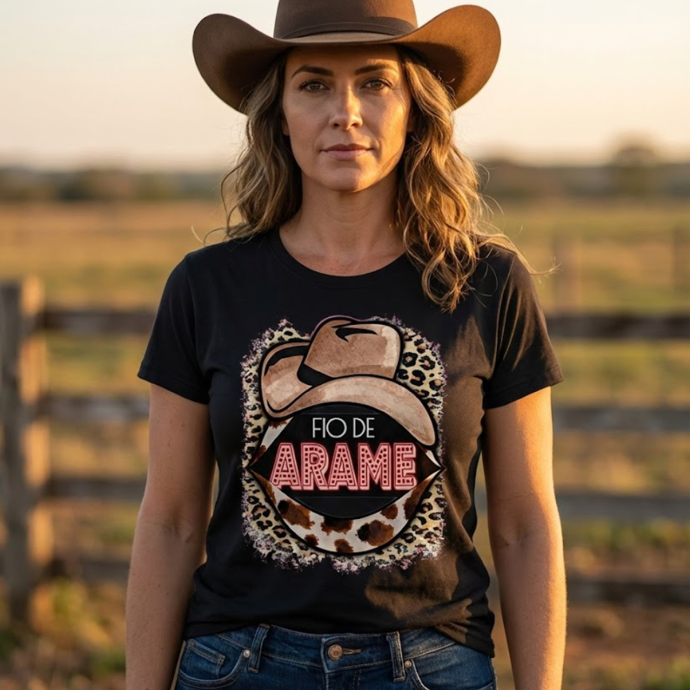 Camiseta Feminina Fio de Arame Chapéu e Onça