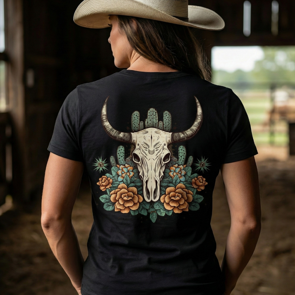 Camiseta Caveira de Boi e Flores Fio de Arame Texas