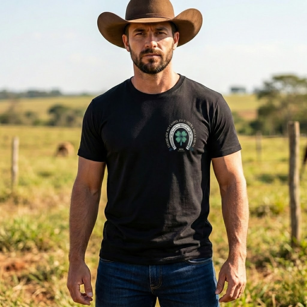 Camiseta Trevo de 4 Folhas e Ferradura Fio de Arame