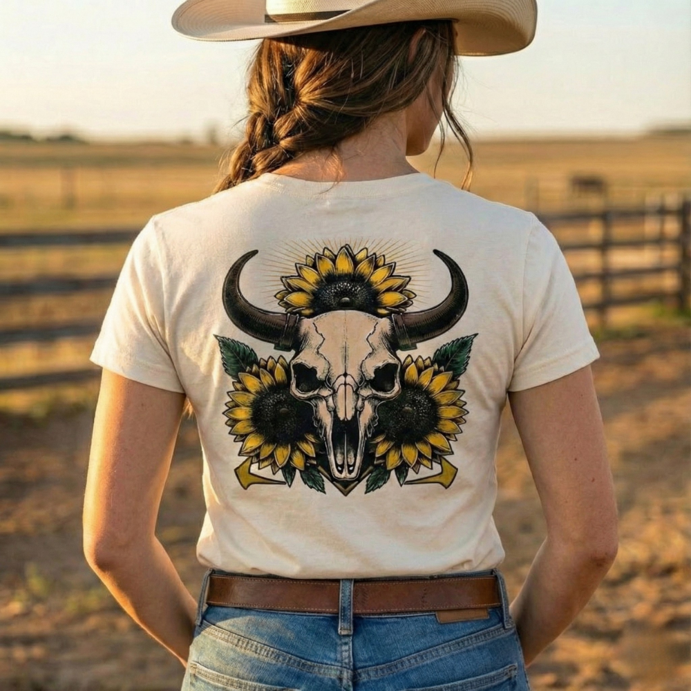 Camiseta Caveira de Boi e Girassóis Fio de Arame
