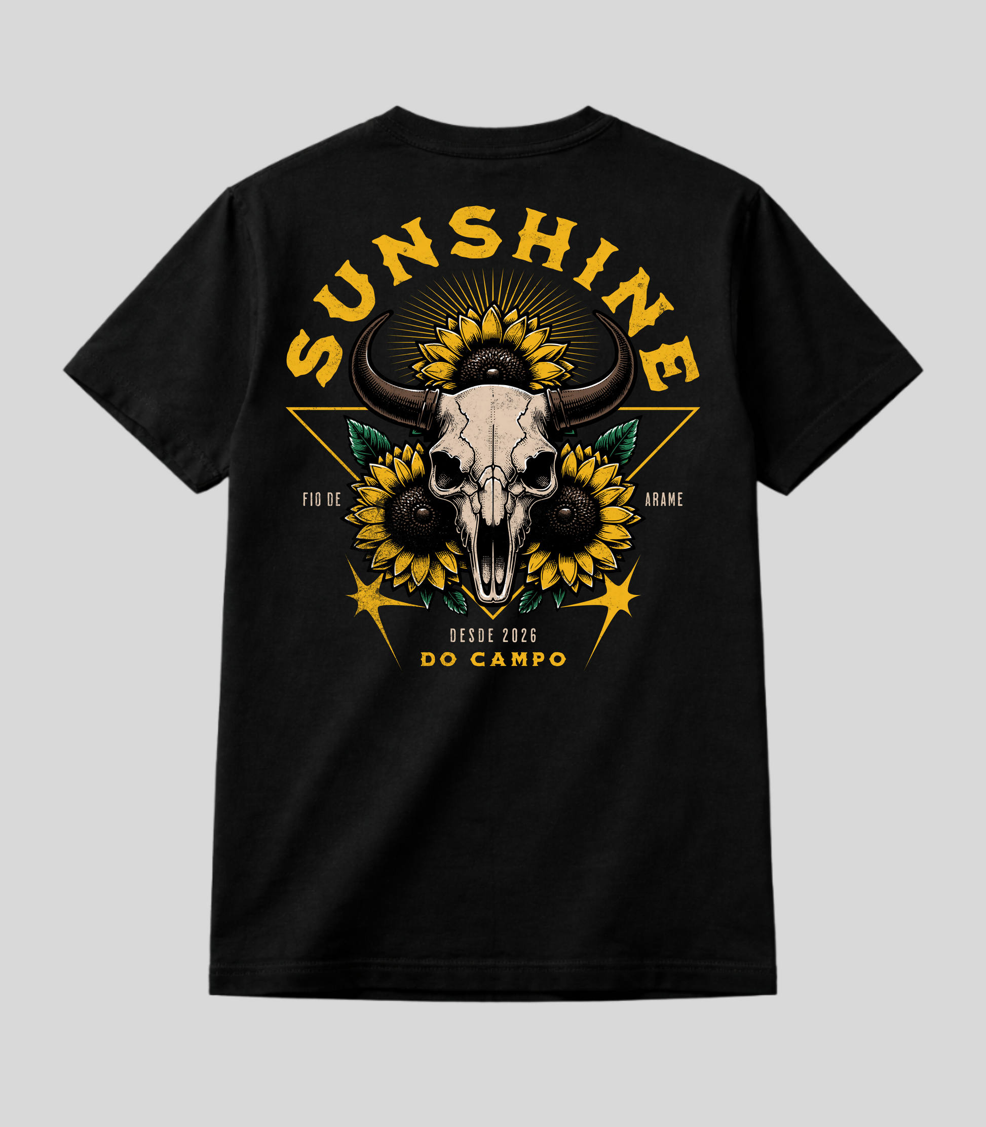 Camiseta Caveira de Boi e Girassóis Fio de Arame