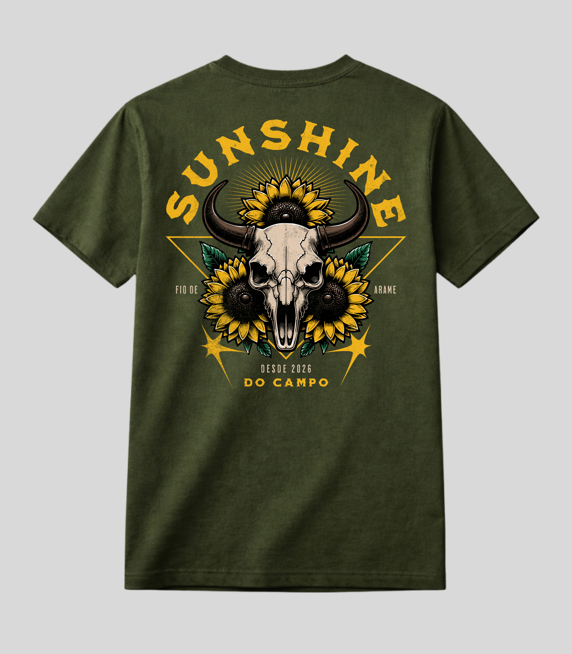 Camiseta Caveira de Boi e Girassóis Fio de Arame