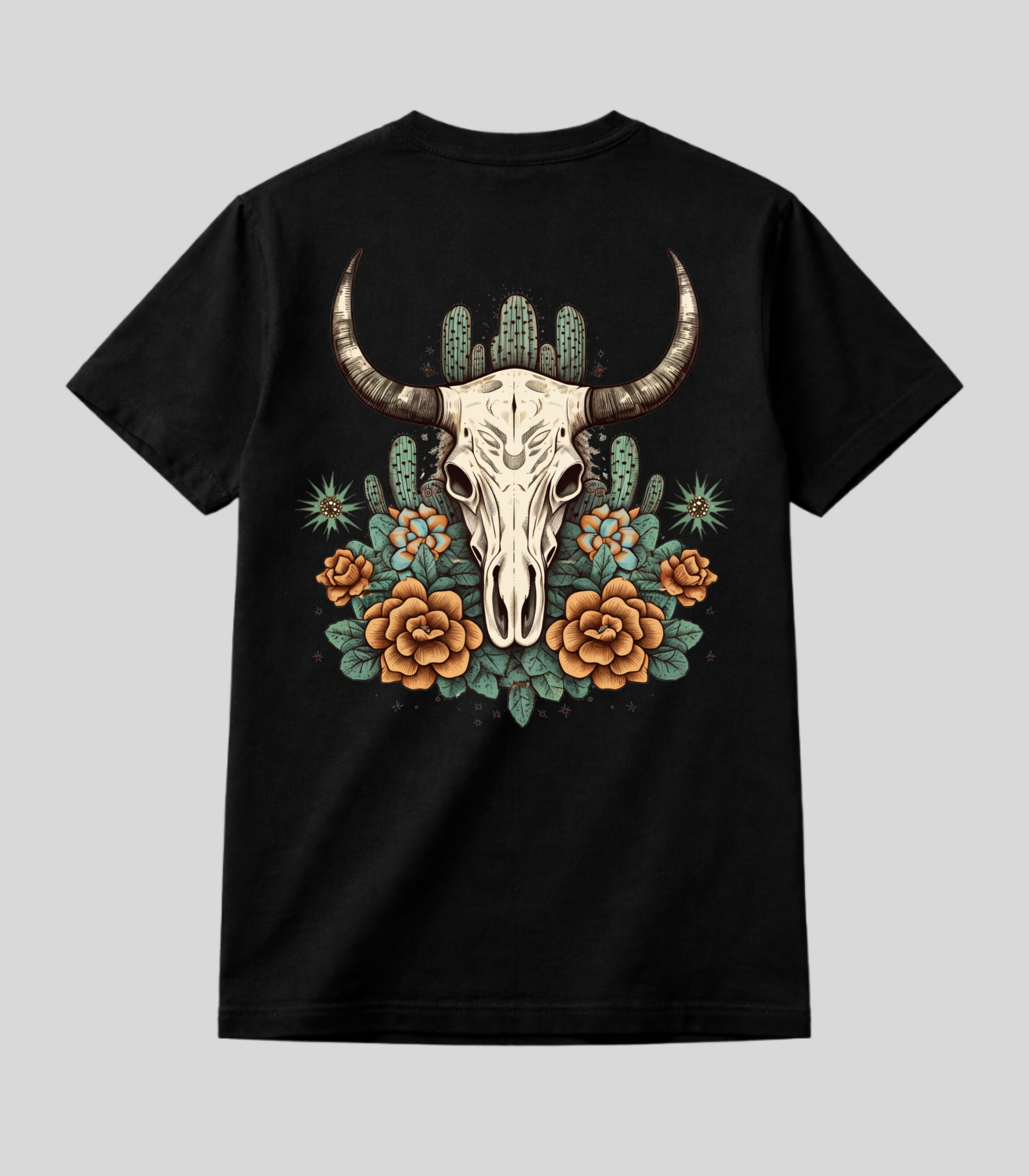 Camiseta Caveira de Boi e Flores Fio de Arame Texas