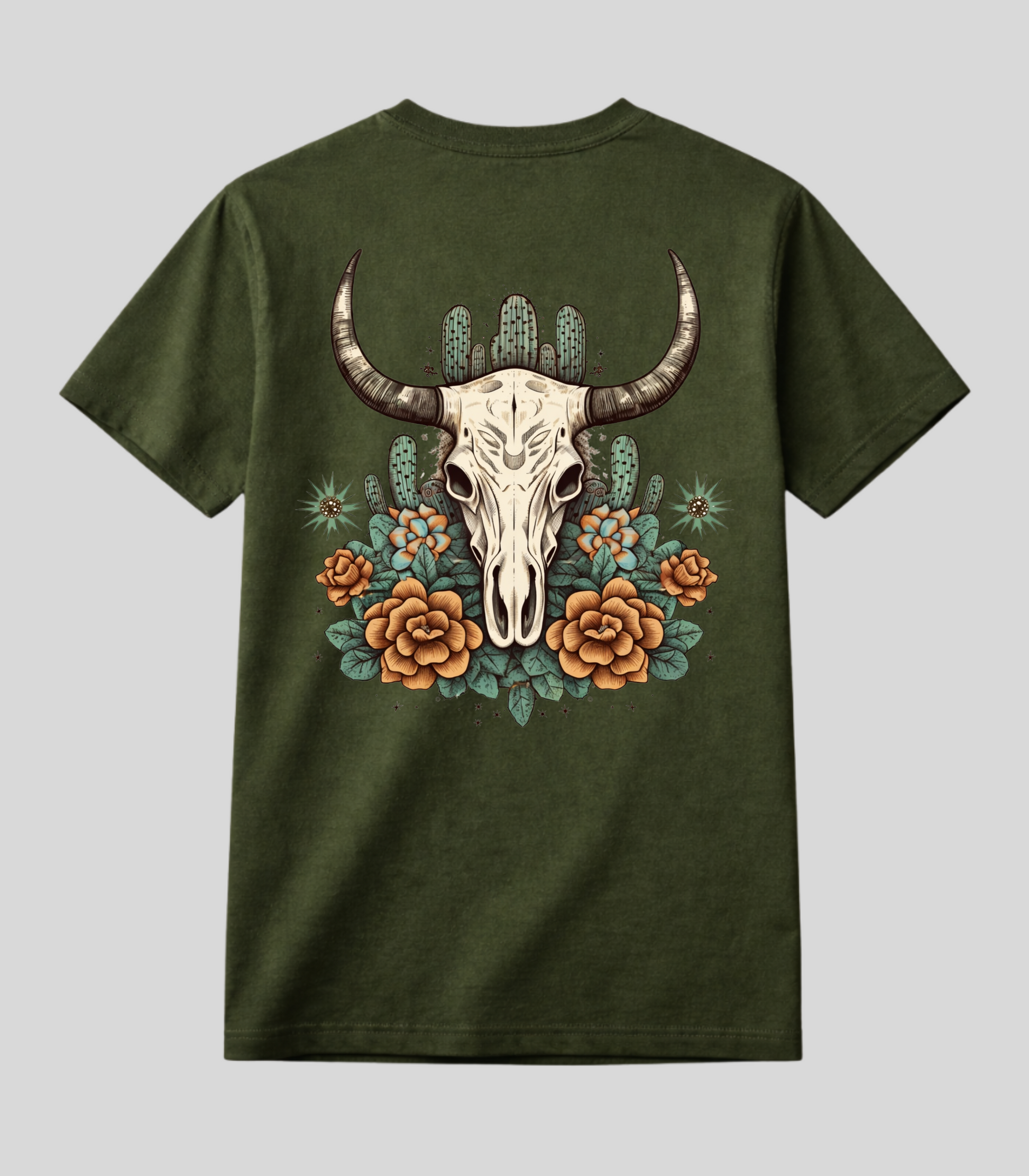 Camiseta Caveira de Boi e Flores Fio de Arame Texas