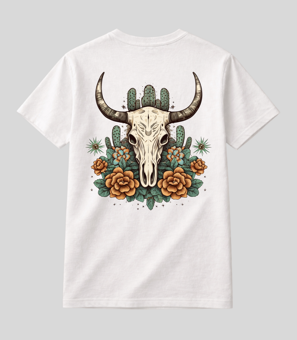Camiseta Caveira de Boi e Flores Fio de Arame Texas